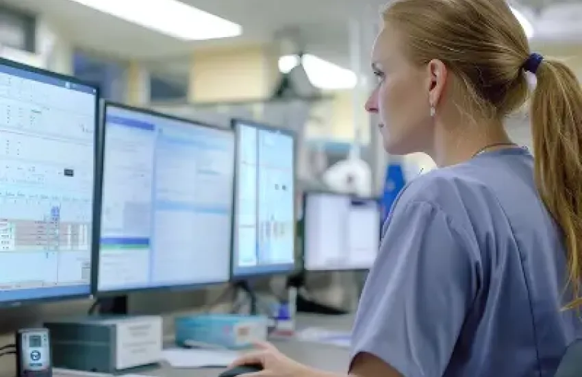 Healthcare worker using a computer to manage medical information.