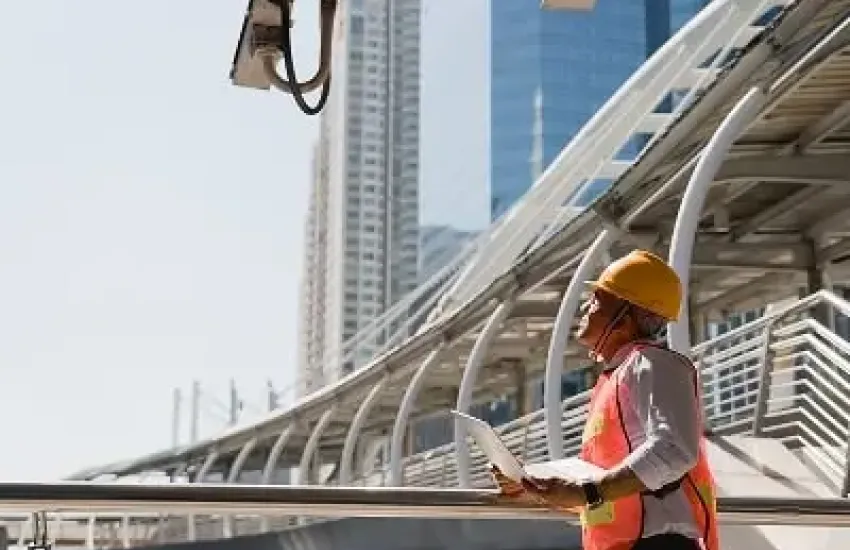 Technician inspecting a CCTV camera during an onsite security check.