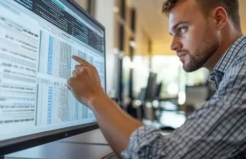 Man pointing at a data dashboard displayed on a digital screen.