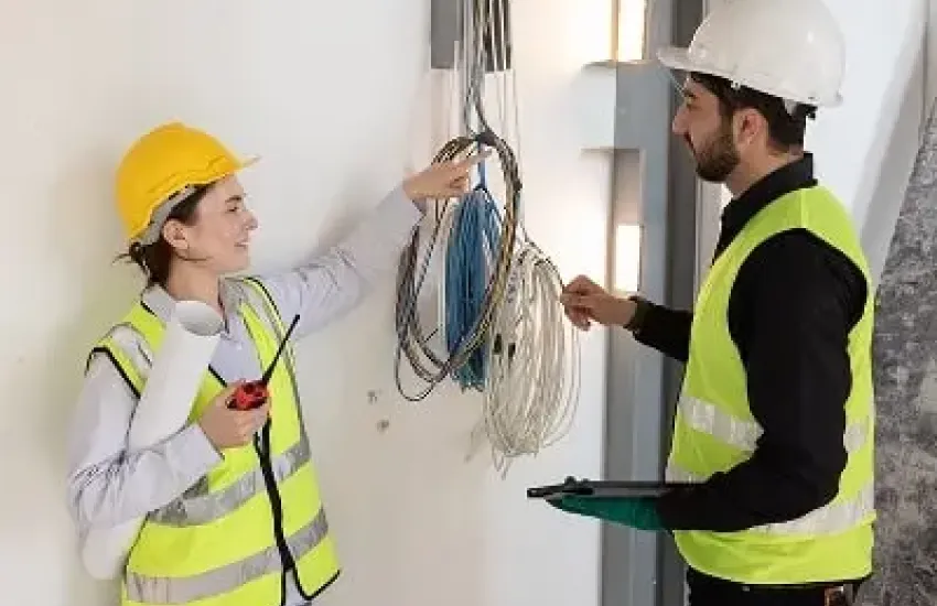 Technician performing site inspection and checking electrical wiring.